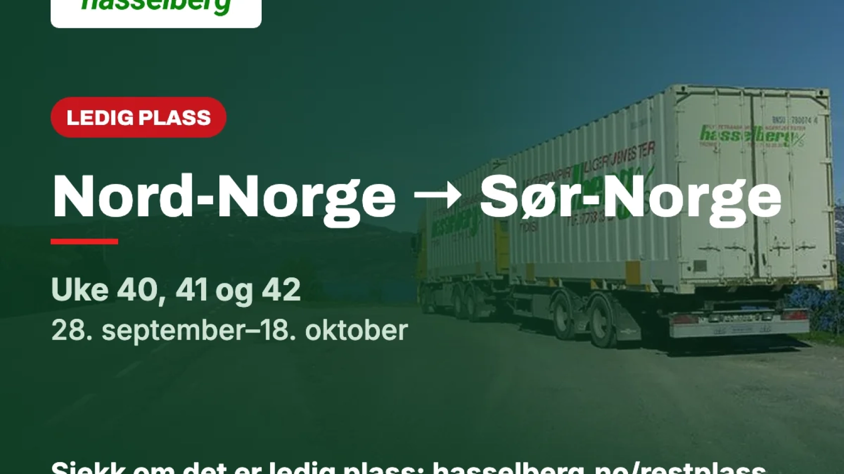 Ledig plass fra Nord-Norge til Sør-Norge, uke 40, 41 og 42